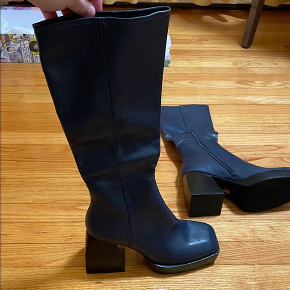 NWT Jeffrey Campbell Dauphin Knee-high Square-toe Heel Boots Size 10 Navy - Picture 7 of 14